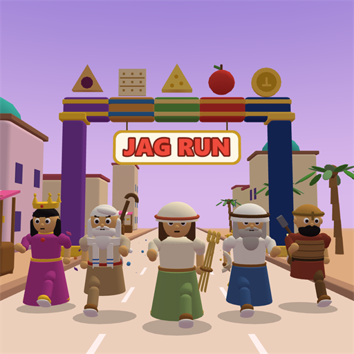 Esther, Moshé, Rut, Abraham e Iehudá Macabí corriendo bajo un arco con el cartel Jag Run